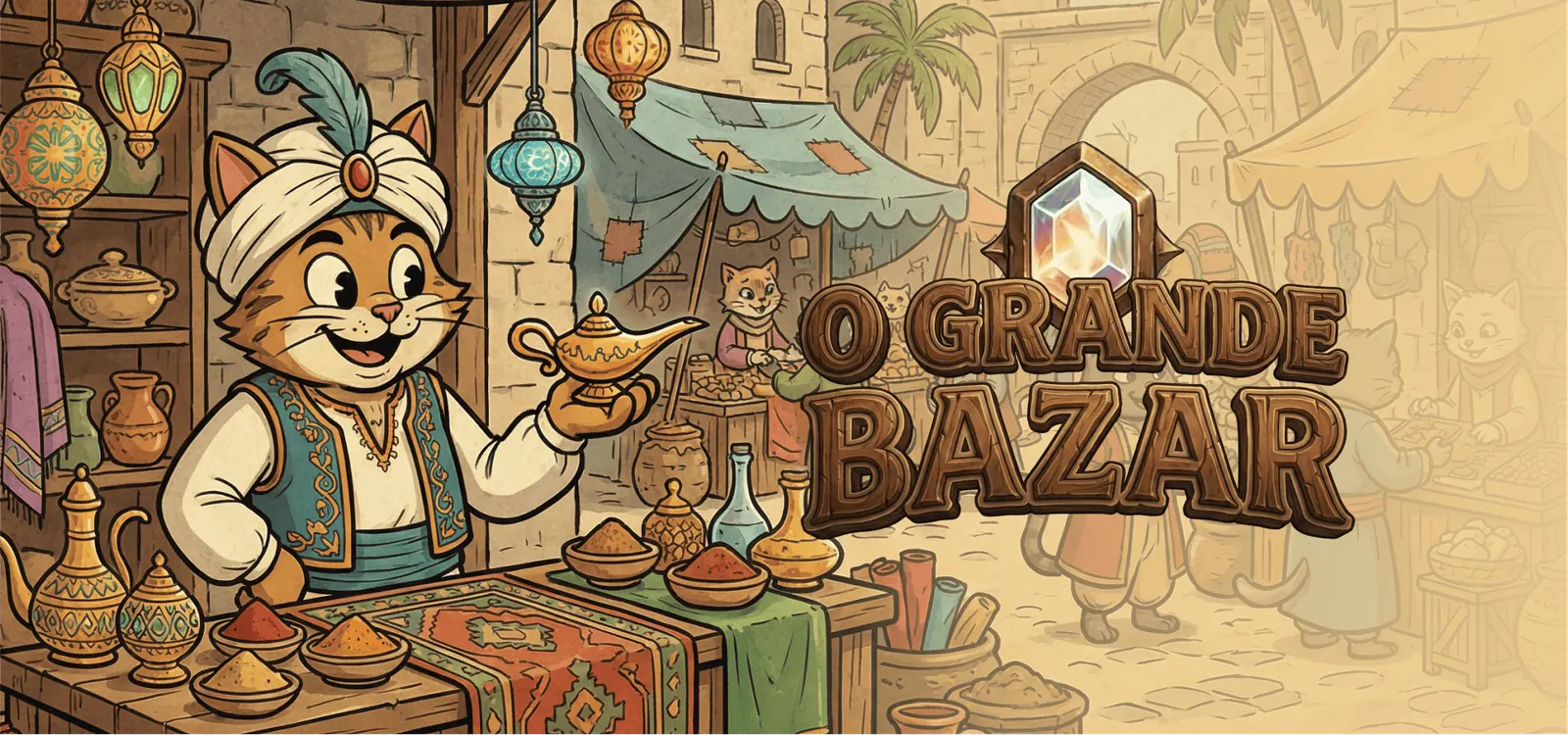 O Grande Bazar, com um gato mercador segurando uma lâmpada mágica